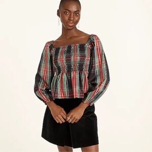 NWT J. Crew Stewart Plaid Puff Sleeve Peplum Top